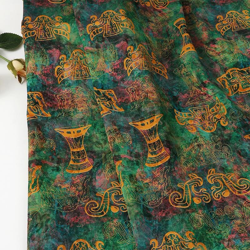 Bronze Jacquard Fabric - Iridescent Landscape Satin Tea Silk, 59"W