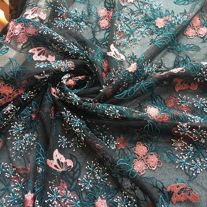 Cherry Blossom Embroidered Lace Fabric ��� Floral Nylon Me" Wide