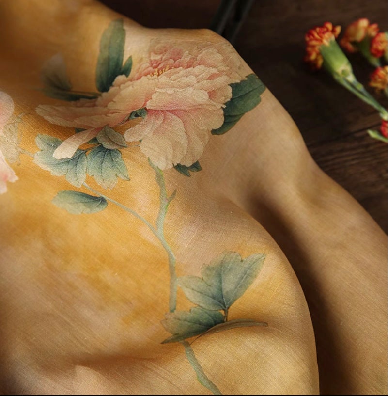 Floral Ramie Fabric: Dunhuang Ink Painting, Natural Fiber (57"W)