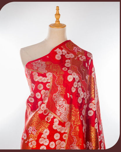 Tissu brocart doré tissé Nishijin : Soie jacquard chrysanthème (29,5"/59"L)