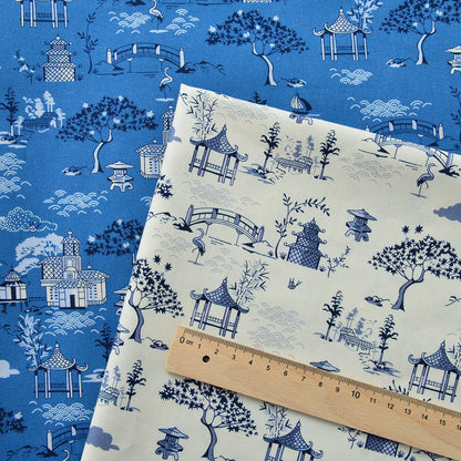 Japanese Blue Cotton Fabric: Floral Print Sewing Material