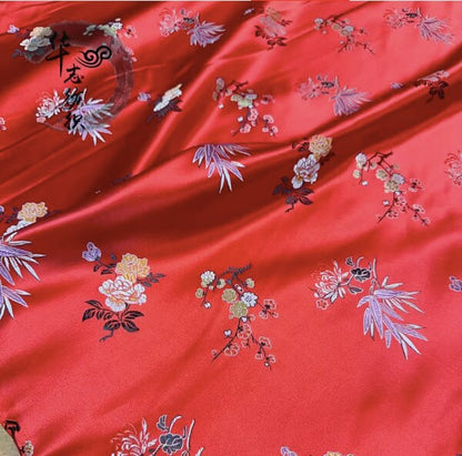 Red & Gold Cherry Blossom Brocade Fabric - 59"W Rayon Jacquard