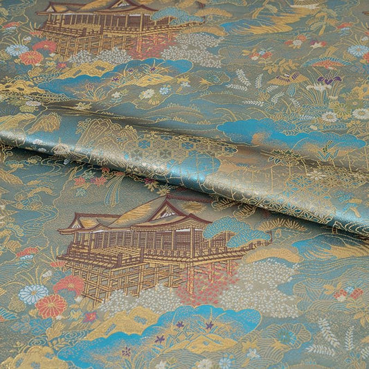 Nishijin Ori Brocade Fabric: 59"W Japanese Pavilion Pattern Satin