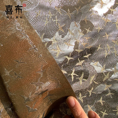 Crane Jacquard Satin Fabric: Silver Grey Retro Brocade, 29.5"W