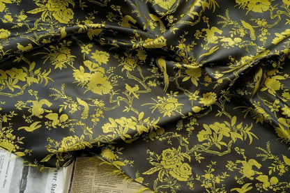 Black Gold Chinese Brocade Fabric Wild Bird and Azalea Cushion cover, pillow case, cheongsam, Qipao, Upholstery, Costume, bag, Sewing/Fabric
