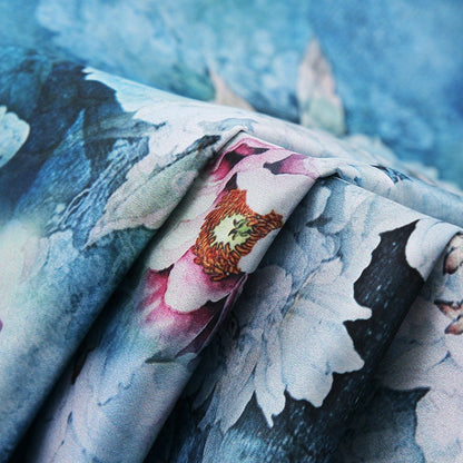 Floral Silk Damask Fabric: Green Lotus Print, 59" Wide