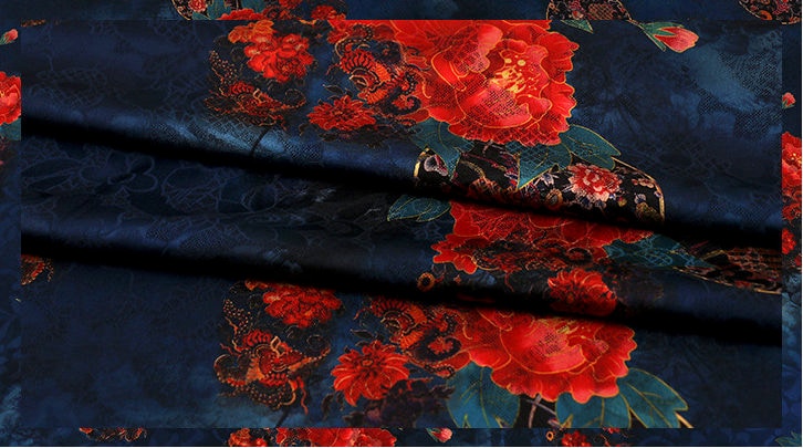 Red Floral Print Fabric: Polyester Spandex Blend, 59" Wide