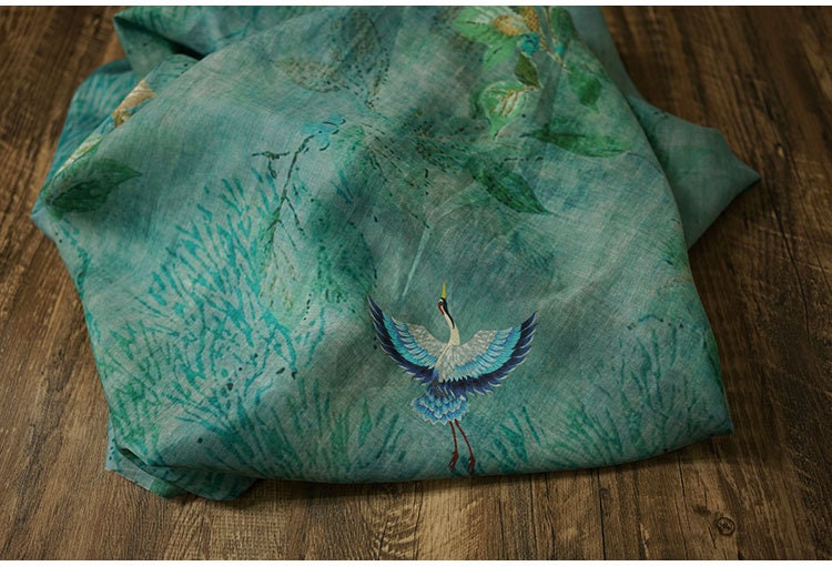 Jade Green Ramie Fabric: Crane Print, Soft Home Textile, 55"W