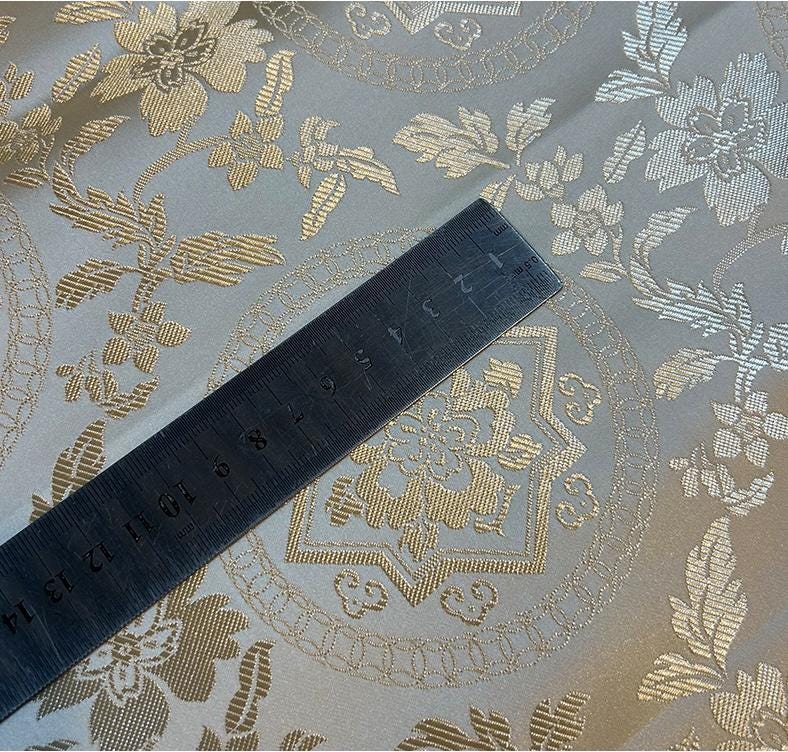 Milky White Silk Brocade Fabric: Metallic Dunhuang Pattern, 29.5" Wide