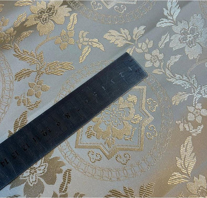 Milky White Silk Brocade Fabric: Metallic Dunhuang Pattern, 29.5" Wide