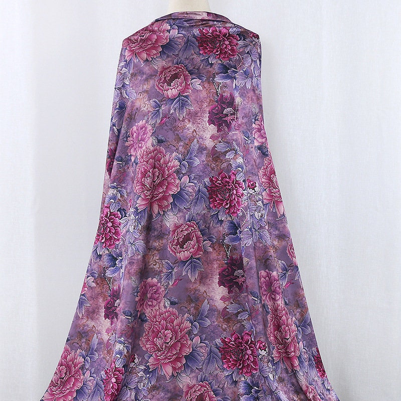 Blooming Tea Satin Silk Fabric: 59"W Floral Print Sewing Material