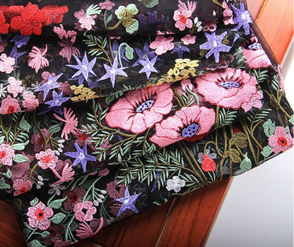 Floral Embroidered Lace Fabric: Pink, Red, Gold Flowers on Black Net (43"W)