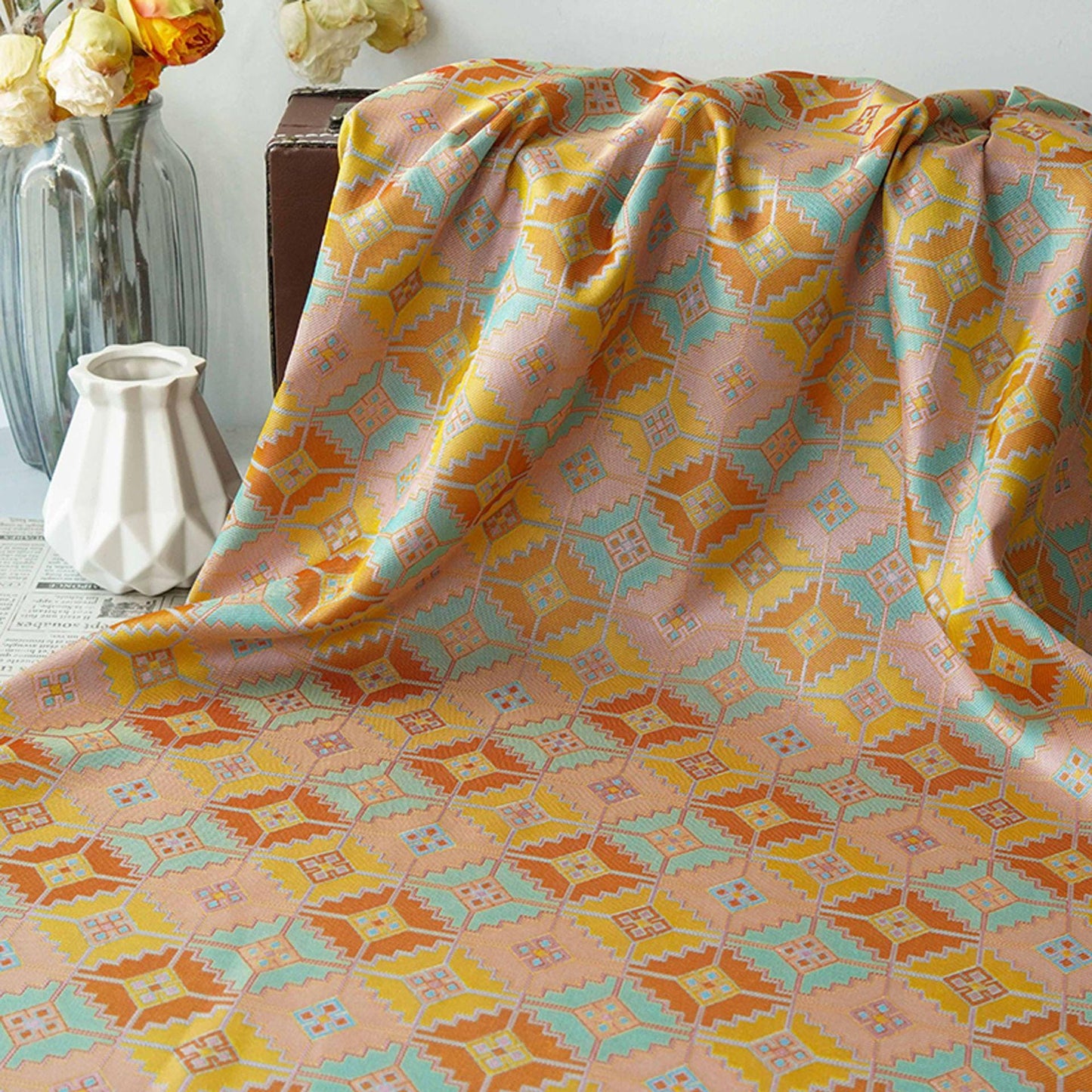 Tissu tissé à carreaux losanges bohèmes : mélange de rayonne, 150 cm de large