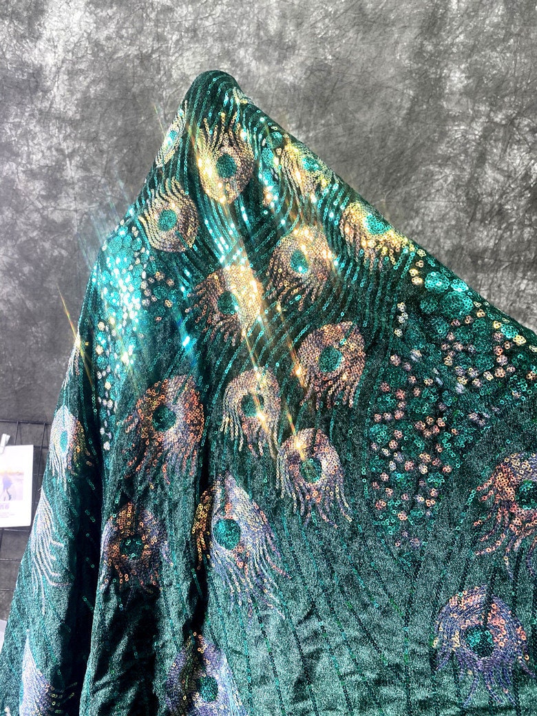 Laser Peacock Sequins Mesh Fabric, Colorful Designer Lace