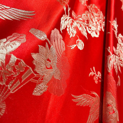 Crane Jacquard Satin Fabric: Red Bird Pattern, 29" Wide, By The Meter
