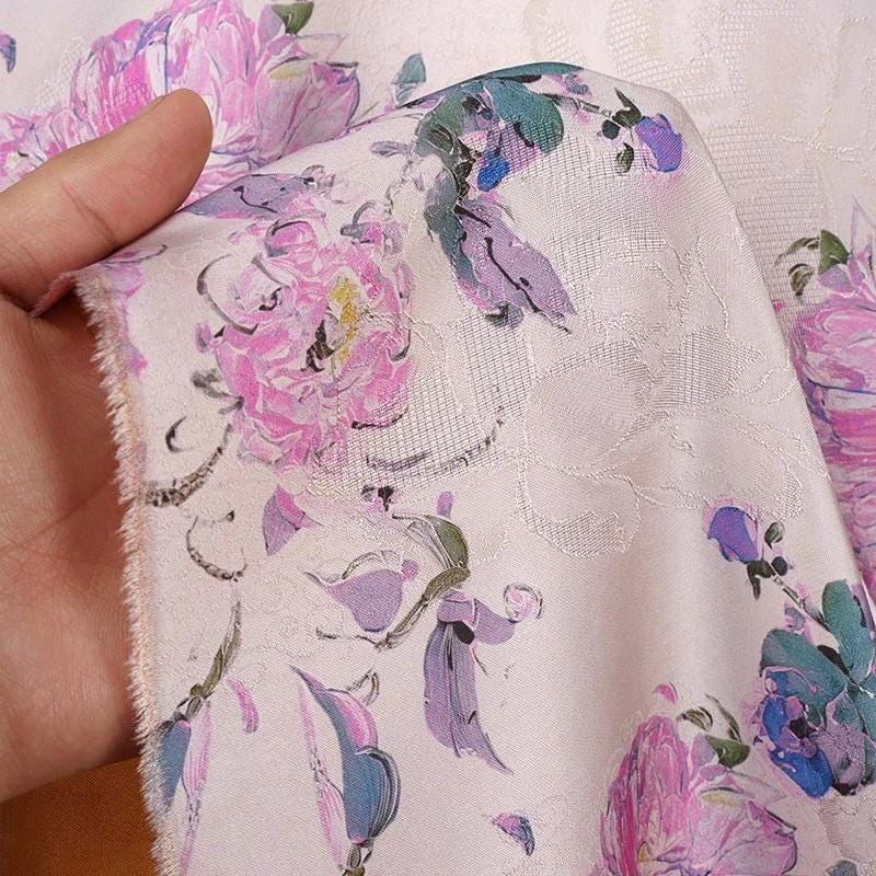 Peony Tea Silk Satin Fabric: Purple Pink Floral Print, 55"W