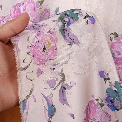 Peony Tea Silk Satin Fabric: Purple Pink Floral Print, 55"W
