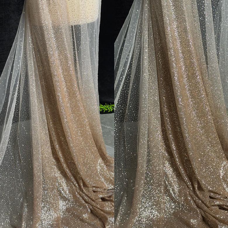 Gold Foil Lace Fabric - Nude Pink Gradient Tulle Mesh (59" Wide)
