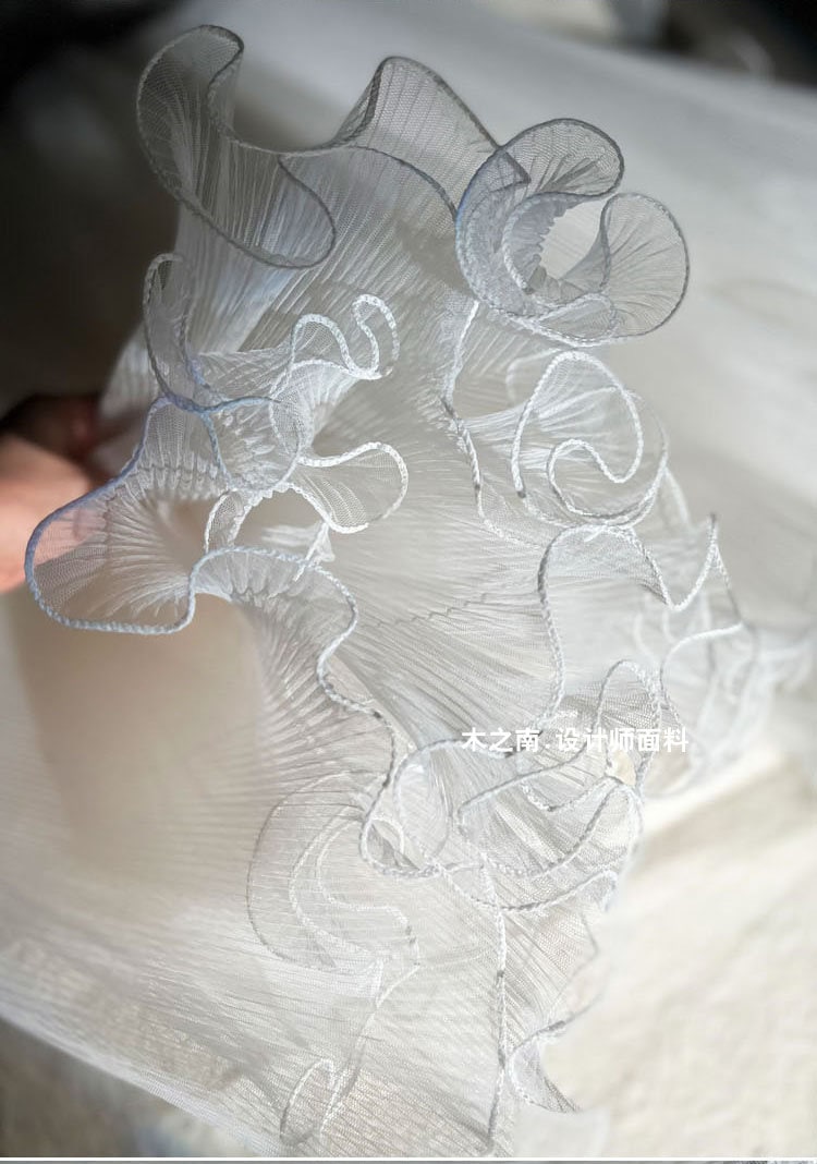 White Pleated Ruffle Organza Fabric: 3D Folds, Stiff Texture, 20"W