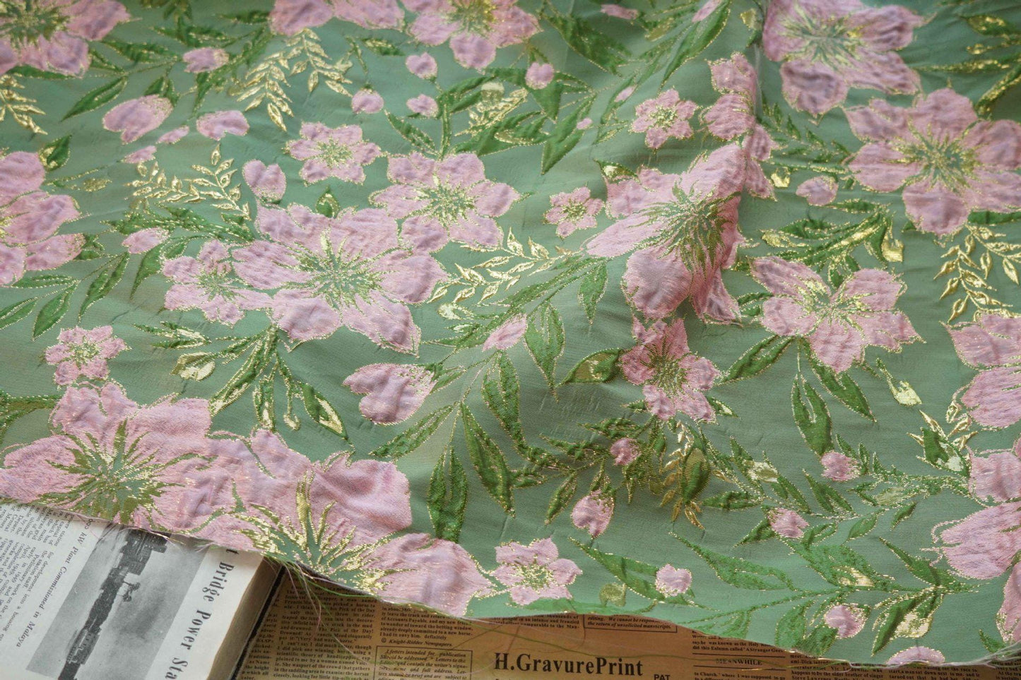 Gold Thread Jacquard Fabric: Pea Green 3D Designer Material - 58" Wide