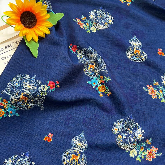 Brocart de coton imprimé numérique floral chinois bleu royal « Fu Lu »