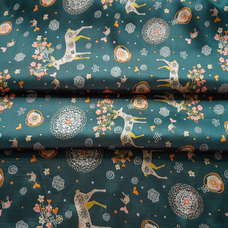 Dark Green Reindeer Damask Jacquard Fabric: 62"W Yarn-Dyed Polyester