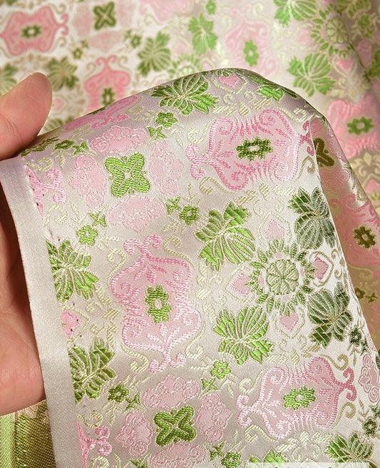 Floral Silk Brocade Fabric: 59"W Pink & Green Upholstery Material