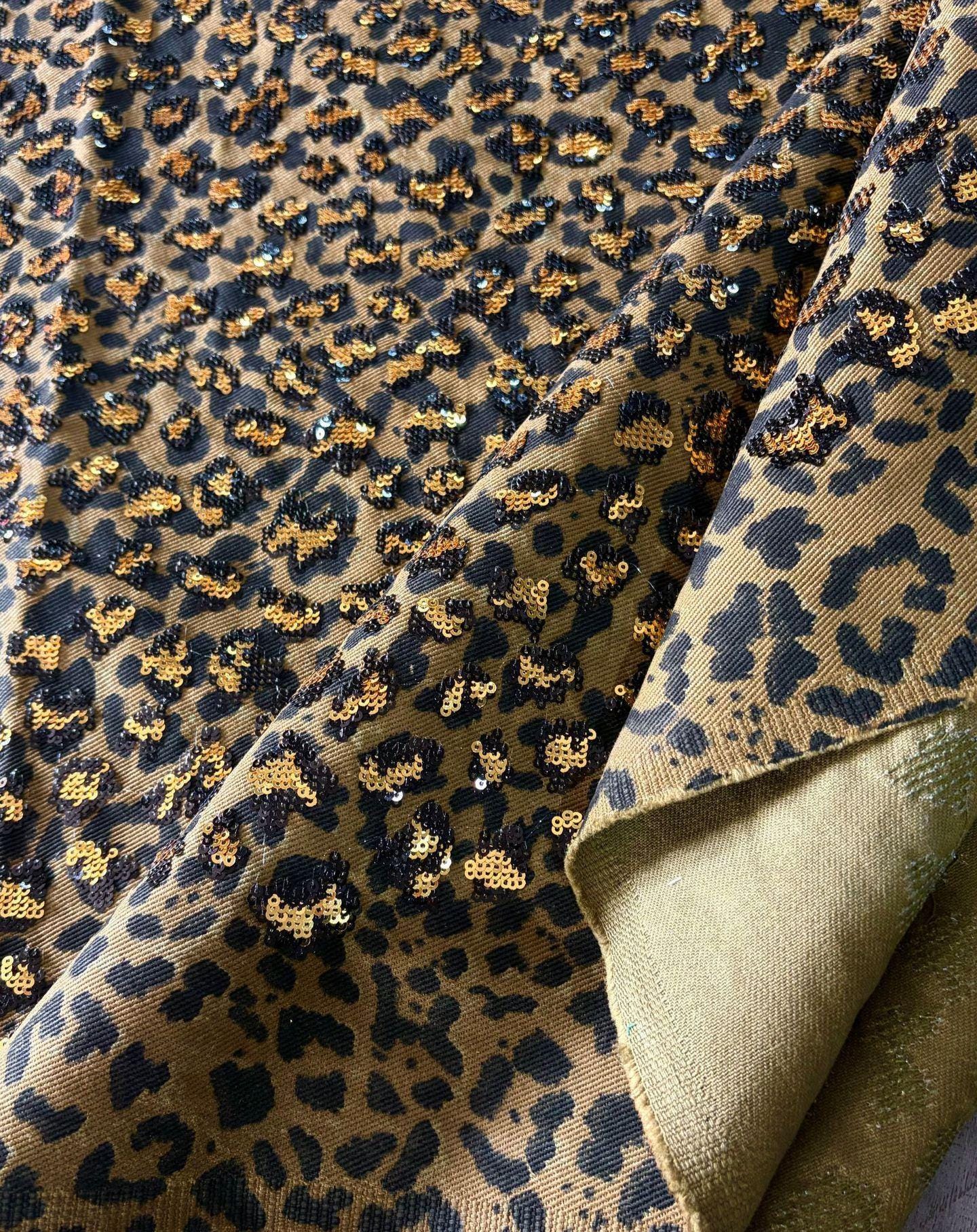 Leopard Print Cotton Denim Fabric ��� Sequin Embroider" Wide