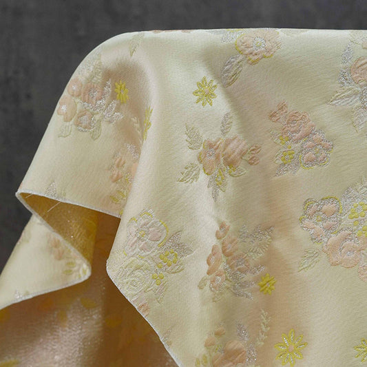 Tissu jacquard tissé : rose et jaune en relief, pour ameublement, costumes, sacs à main - 152 cm de large