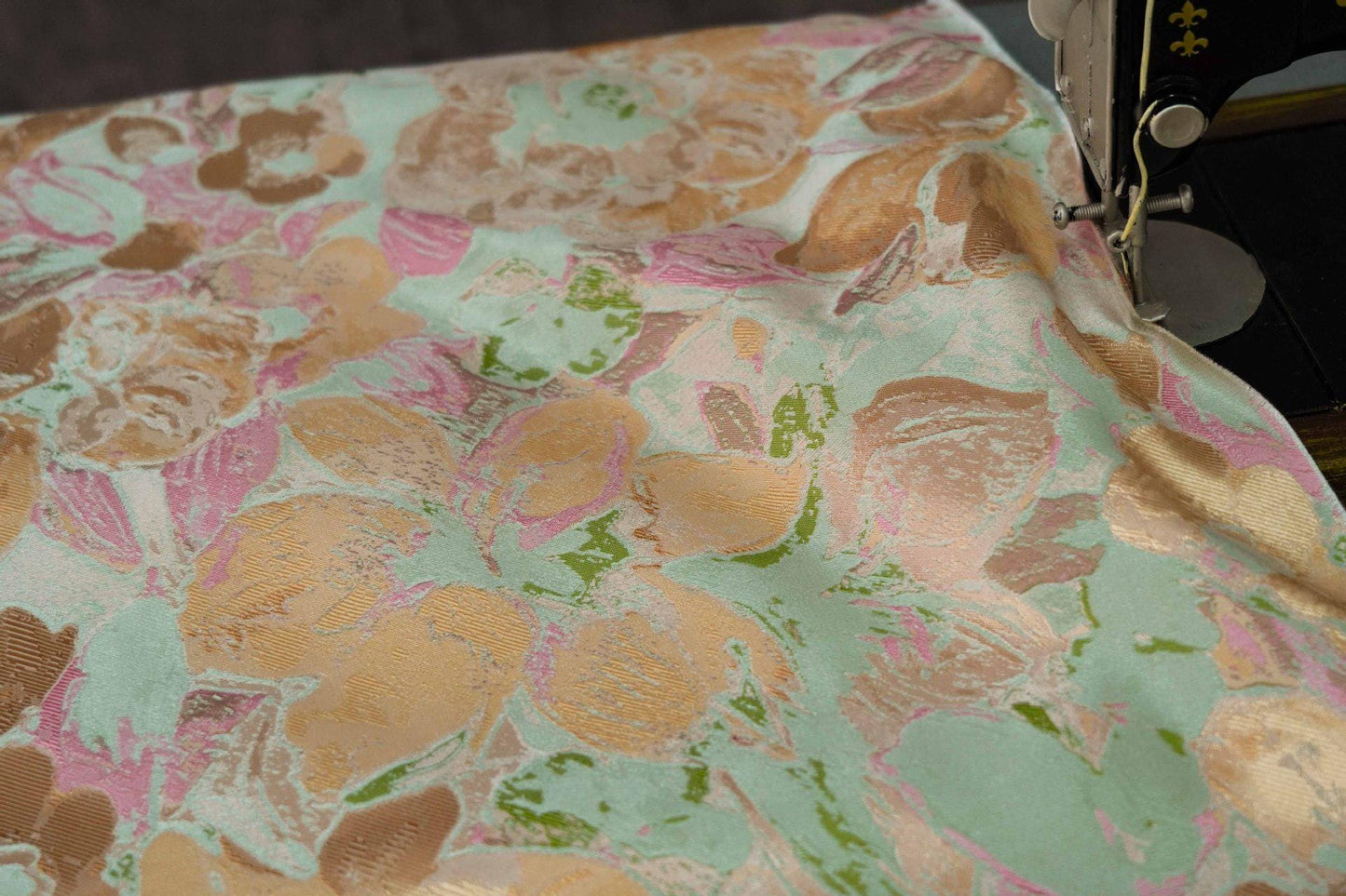 Floral Jacquard Fabric: Soft Oil Painting Style, Gold Accents, 62" Wide