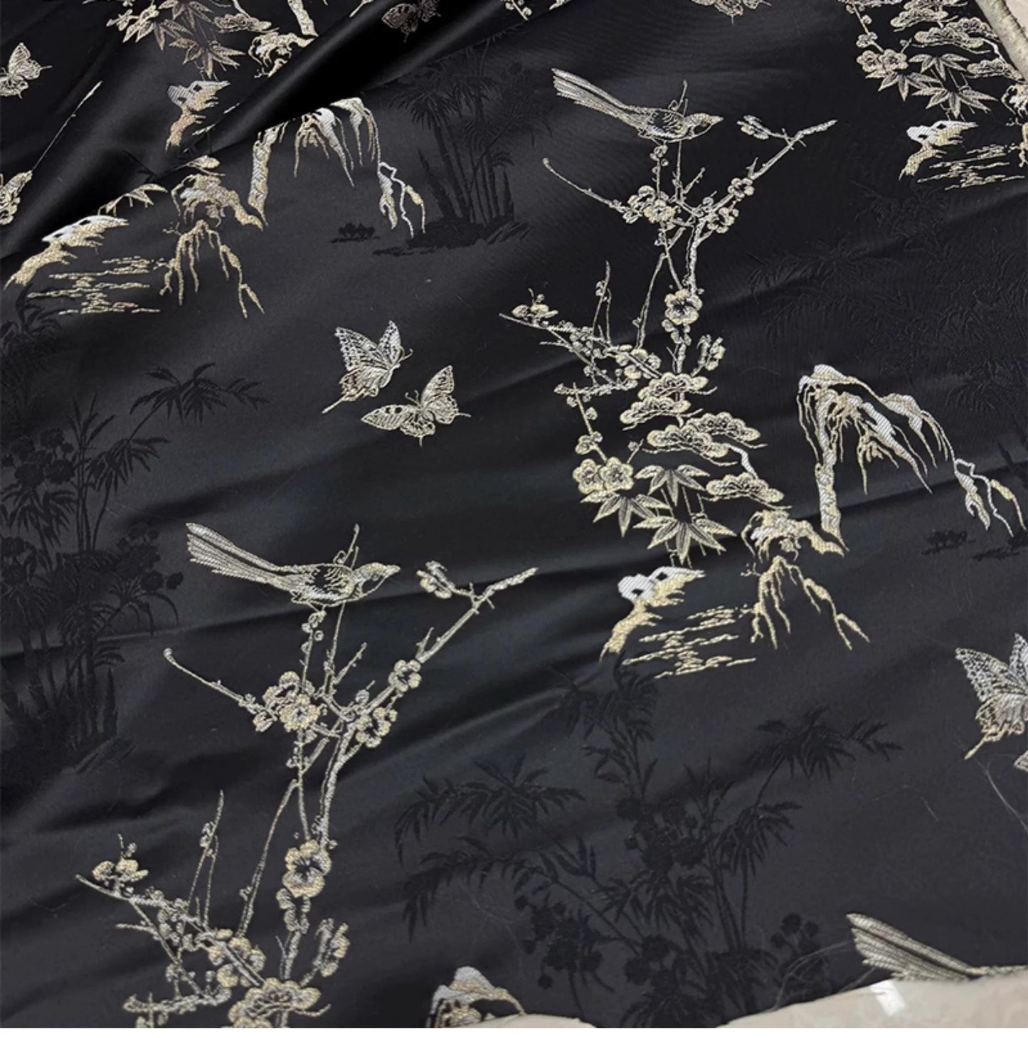 Silk Brocade Fabric: 59"W Magpie Bamboo Print