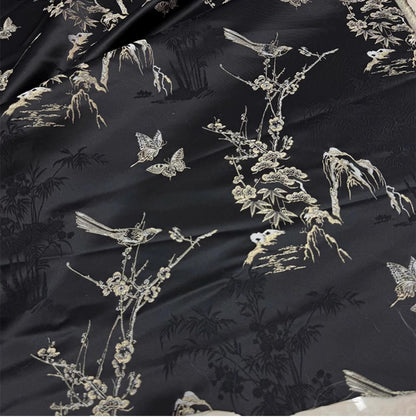 Silk Brocade Fabric: 59"W Magpie Bamboo Print