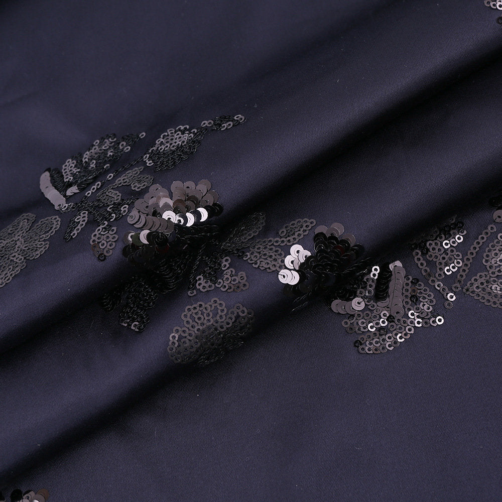 Embroidered Navy Satin Fabric: Floral Sequin Dress Material, 49�ï