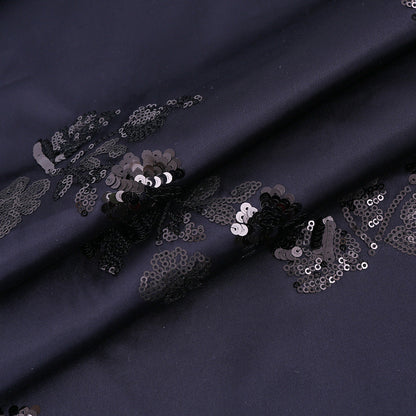 Embroidered Navy Satin Fabric: Floral Sequin Dress Material, 49�ï