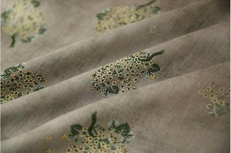 Floral Ramie Fabric: Birds and Flowers Print, 55" Wide - By The Meter