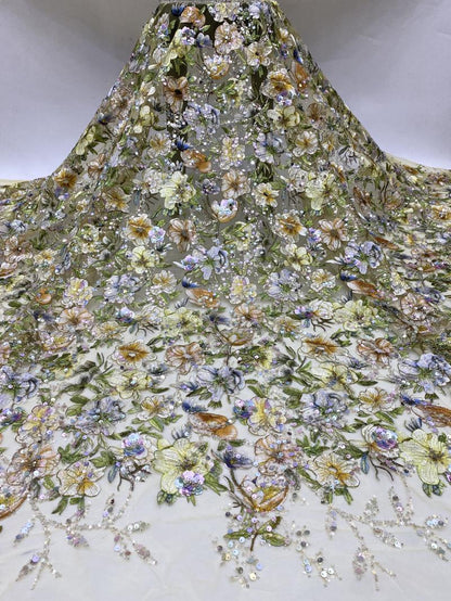 Tissu à sequins brodé de roses : Polyester à motifs floraux colorés