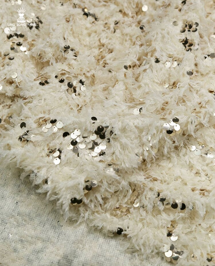 Tissu en dentelle à franges de plumes et sequins, maille à pompons, 145 cm de large