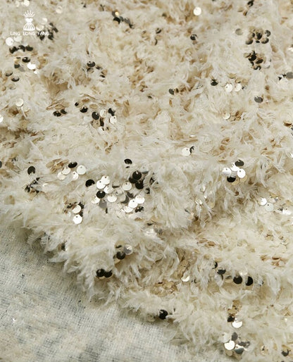Tissu en dentelle à franges de plumes et sequins, maille à pompons, 145 cm de large