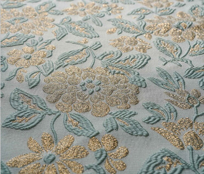 Tissu jacquard floral doré en relief : tissu 3D vert menthe, 140 cm de large