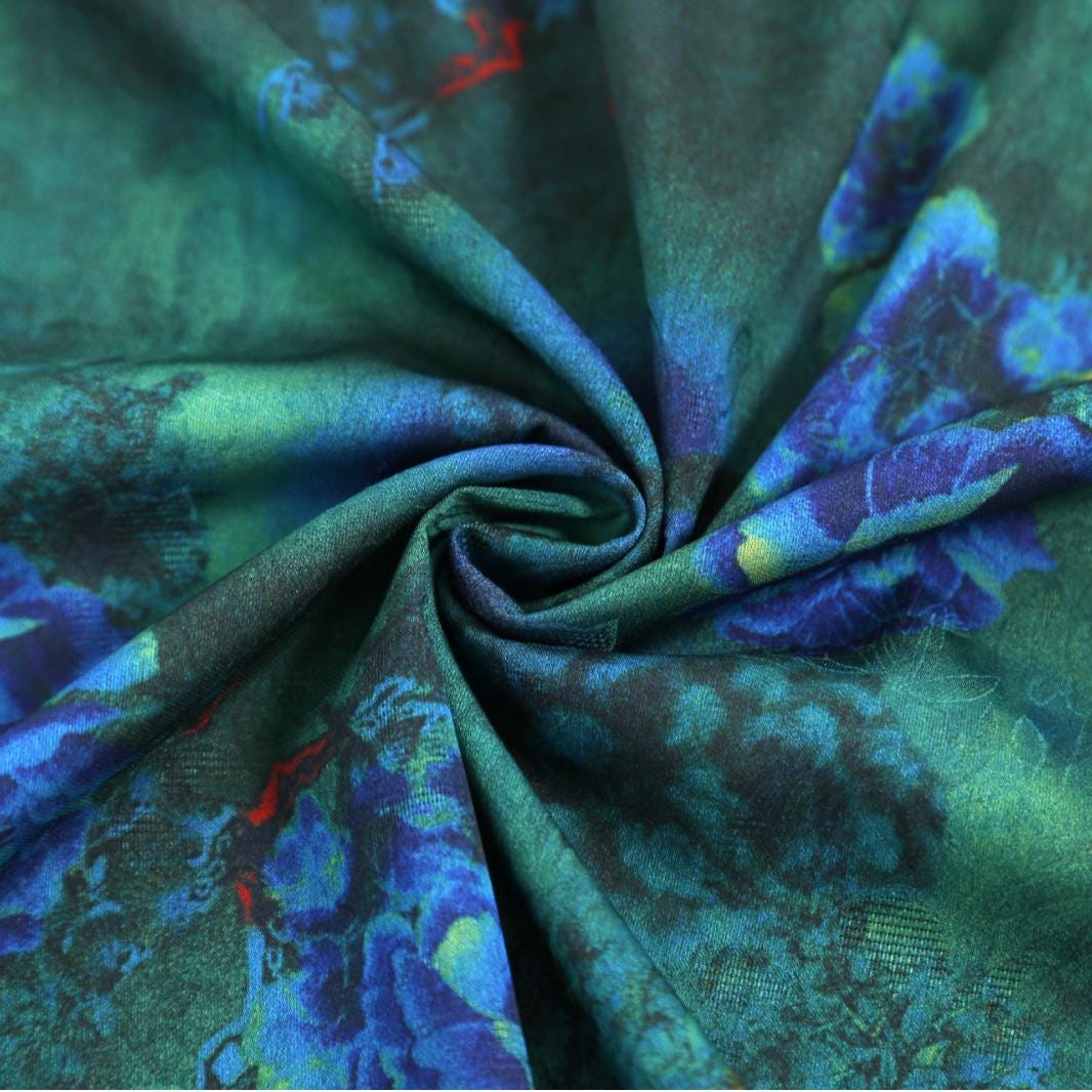 Floral Tea Silk Satin Fabric: Blue Raindrop Flowers, 59" Wide