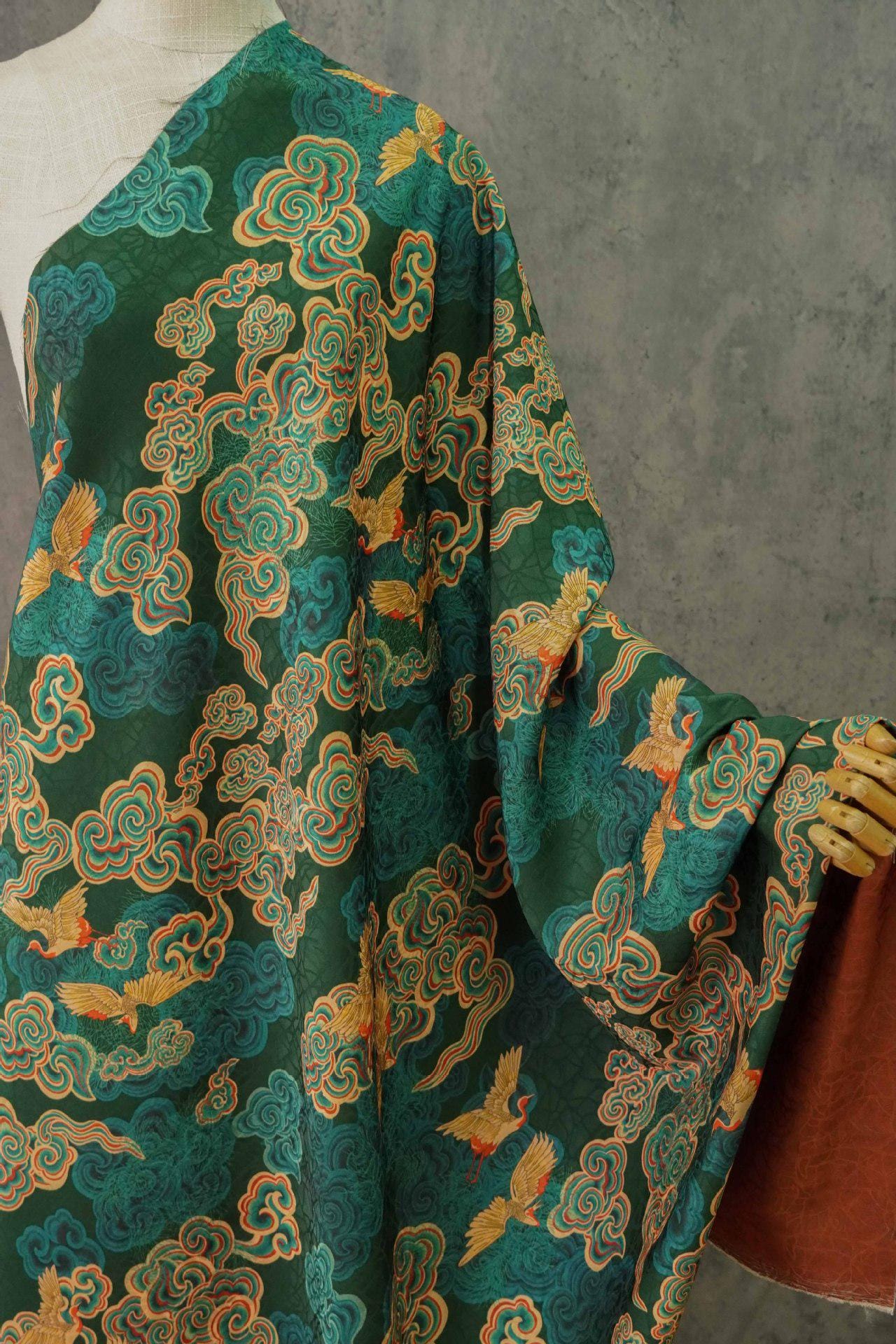Auspicious Cloud Tea Silk Satin Fabric: Dark Green Upholstery, Costume, Drapery (59"W)