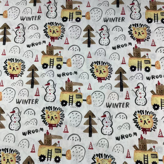Tissu en coton à motifs animaux d'hiver : bonhomme de neige, lion, tracteur