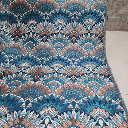 Bohemian Jacquard Woven Fabric: Blue & Orange Embossed Upholstery - 55"W