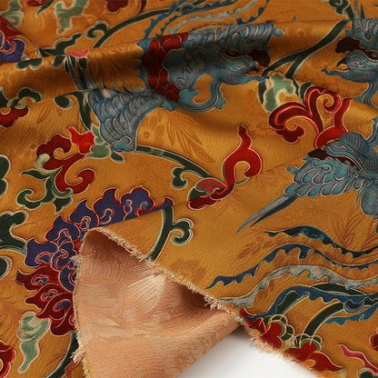 Tissu satiné en soie couleur thé : imprimé de peinture ancienne, 150 cm de large