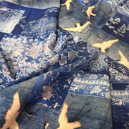 Crane Print Tencel Ramie Fabric: Sewing Material for Kimono, Dress - By The Meter