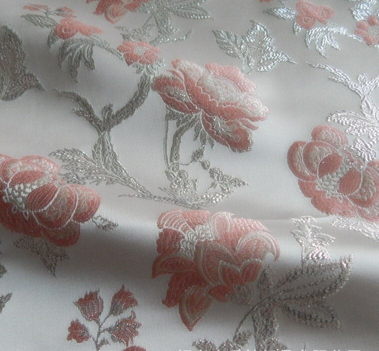 Metallic Brocade Fabric: 57"W Damask Jacquard Peony Satin, Upholstery & Sewing
