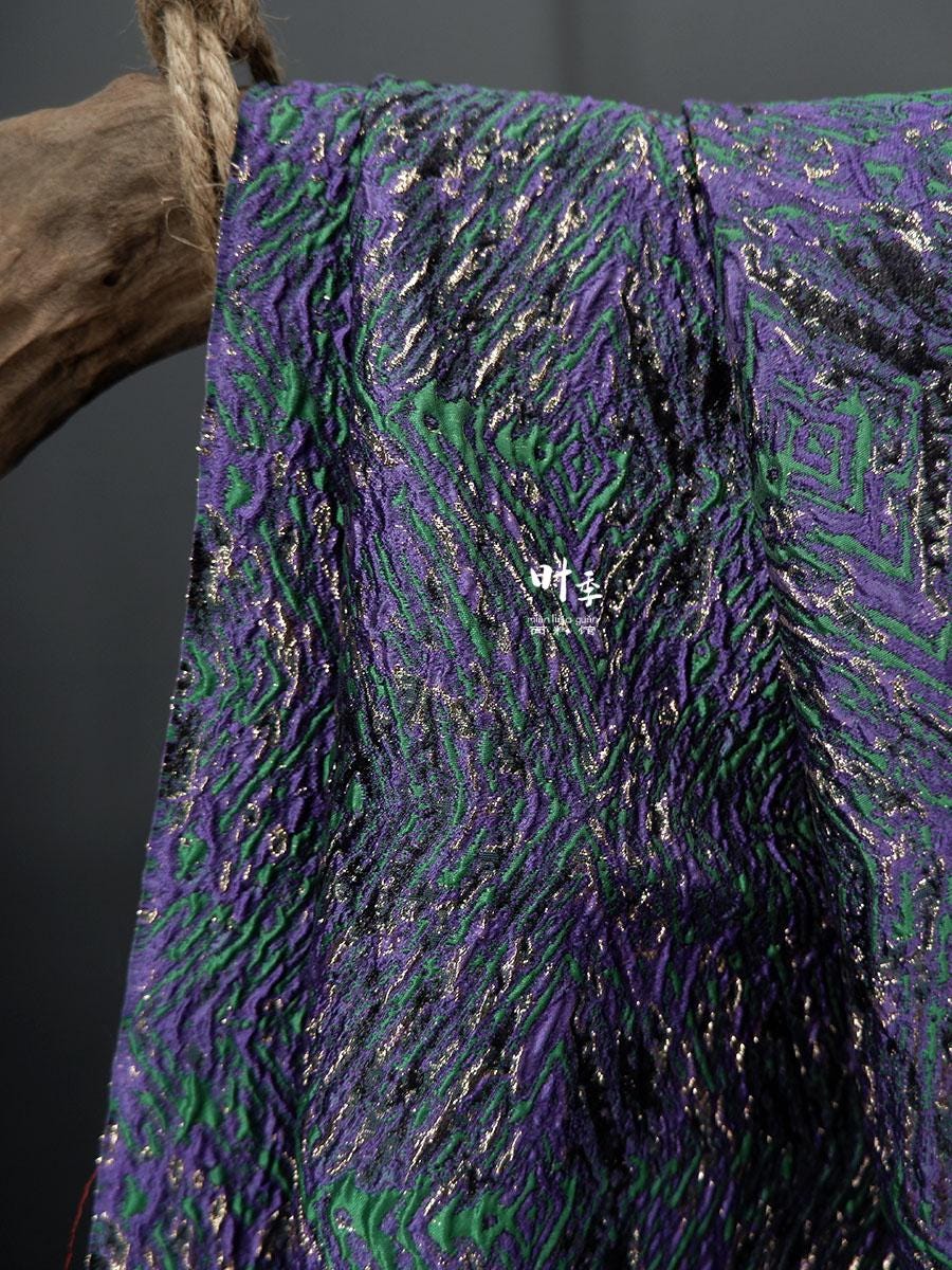 Gold Thread Jacquard Fabric: Green & Purple 3D Designer Fabric - 55"W