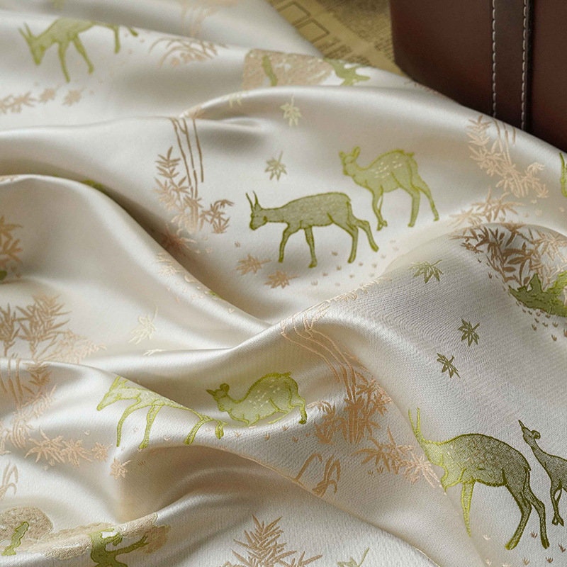 Green Deer Faux Silk Brocade Fabric: 59" Wide, By The Meter