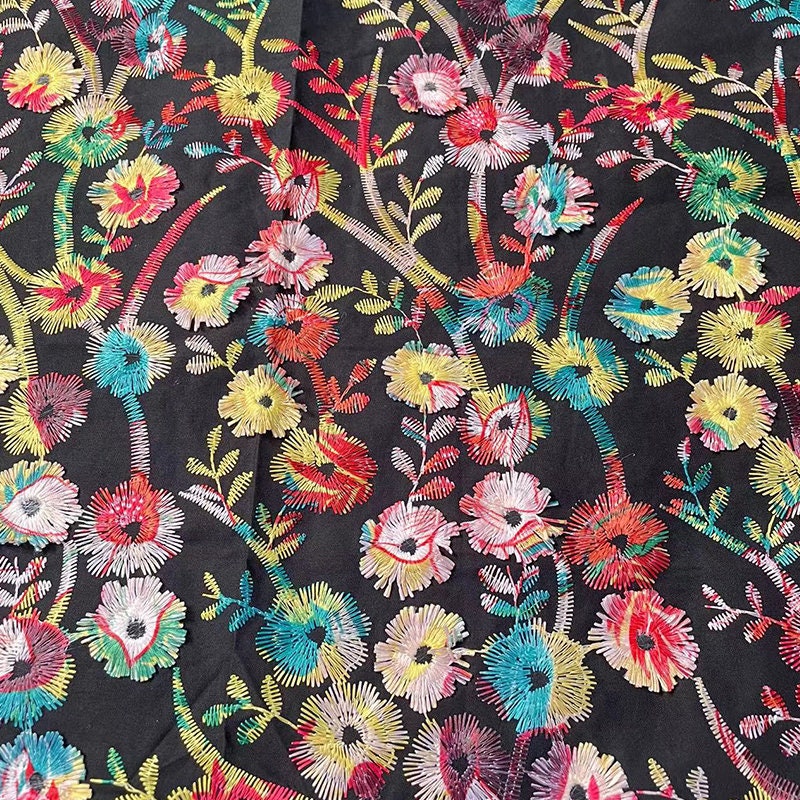 Floral Embroidery Fabric: Multicolor 3D Flowers, 100% Cotton (58"W)