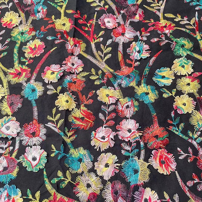 Floral Embroidery Fabric: Multicolor 3D Flowers, 100% Cotton (58"W)
